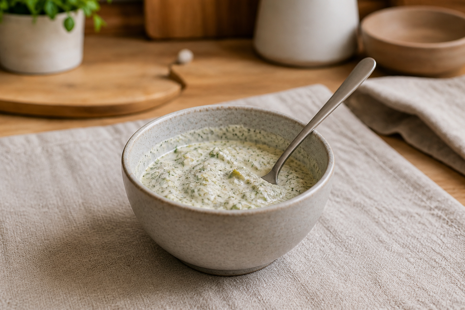 Сметану и майонез смешивают с огурцом, чесноком, укропом и специями